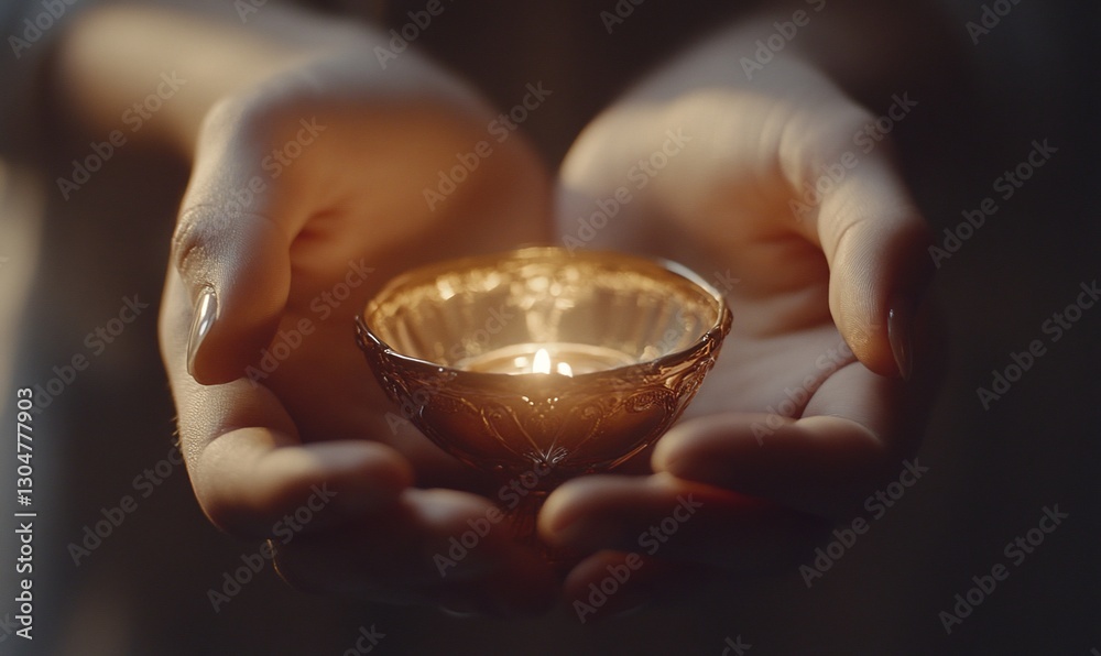 Cupped hands holding candlelight indoors Cupped hands holding candlelight indoors
