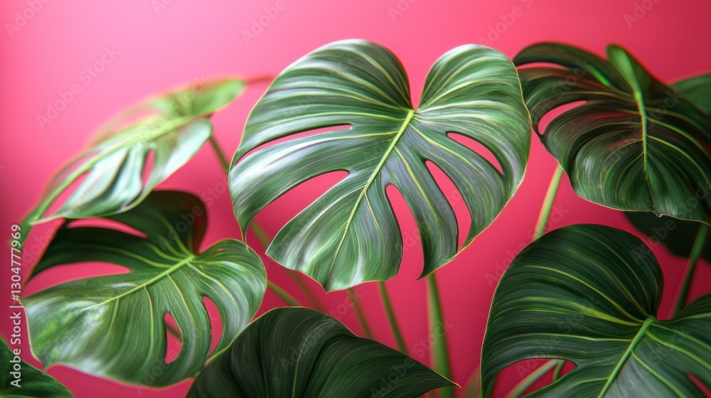 Naklejka premium Monstera leaves against vibrant pink wall. Botanical close-up. Possible use home decor, interior design, nature
