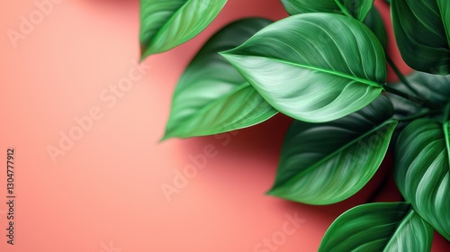 Lush green leaves against coral background.  Perfect for showcasing nature