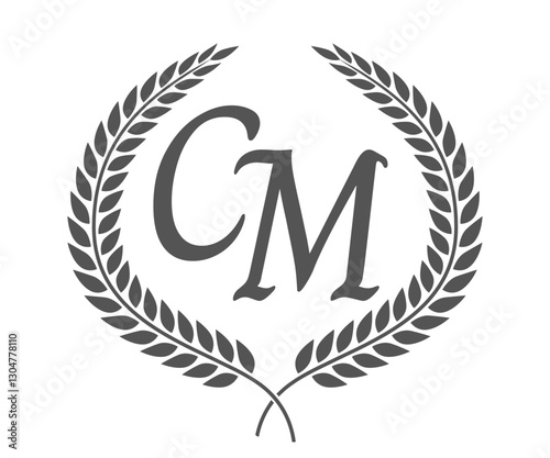 Initial letter C and M, CM monogram logo design with laurel wreath. Luxury calligraphy font.