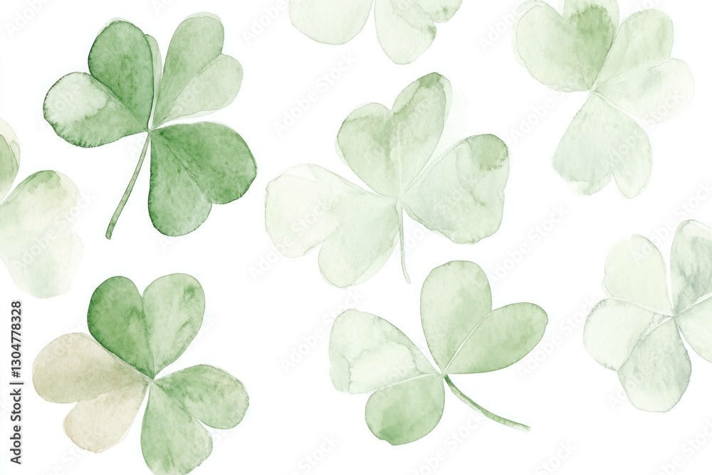 Obraz premium Fresh green shamrocks background, featuring delicate watercolor leaves, ideal for seasonal celebrations, herbal themes, and eco friendly designs