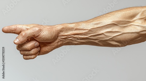 Muscular male arm pointing, studio shot, anatomical detail, illustrative photo