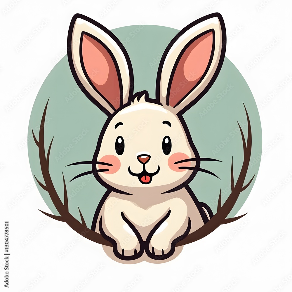 Obraz premium Cheerful Bunny Drawing with Rosy Cheeks in Natural Branch Frame on Teal Background
