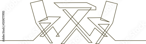 Garden chairs and table in continuous line art drawing style. Outdoor furniture black linear sketch isolated on white background. Vector illustration, eps 10, Editable stroke.