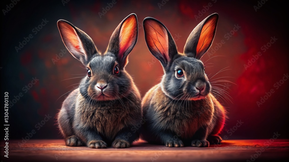Obraz premium Surreal Black & Mottled Rabbits on Red Background - Mystical Animal Photography