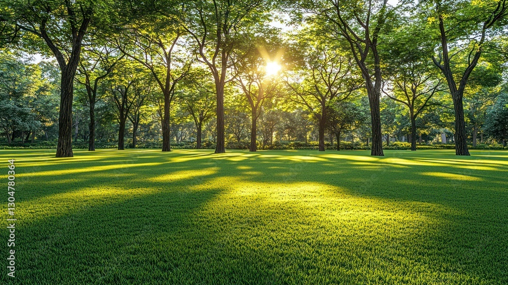 Obraz premium Sunny park landscape with trees casting shadows on green grass. Possible use Nature background, landscape, park