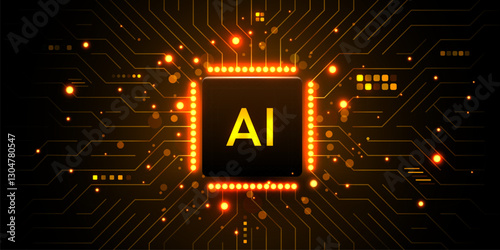 Brightly glowing AI chip on circuit board. Technology background. CPU processor on tech bg. Computer microchip on motherboard.
