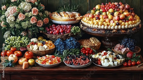 Fototapeta Naklejka Na Ścianę i Meble -  Gourmet food display with flowers and fruits