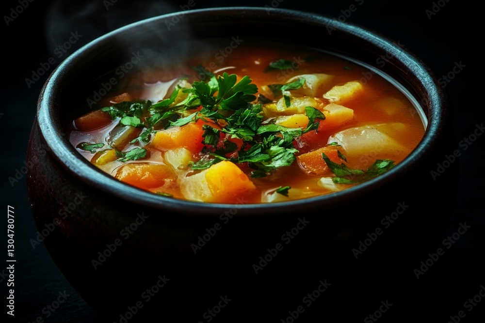 Steaming Vegetable Soup in Earthenware Bowl Steaming Vegetable Soup in Earthenware Bowl
