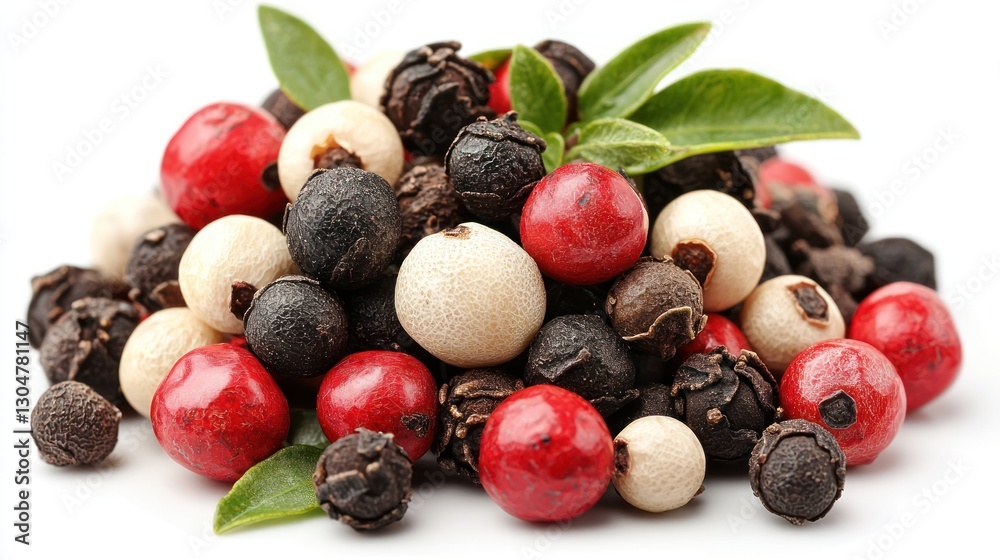 Pile of mixed peppercorns on white background