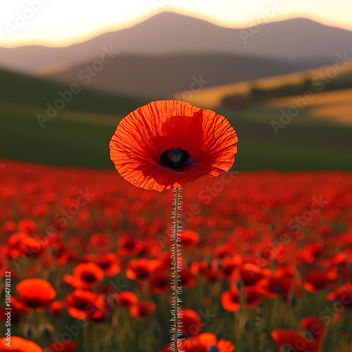 Stunning single poppy standing tall in a vibrant red field at sunset, against a soft mountain backdrop.  Perfect for themes of remembrance, peace, beauty, and nature.