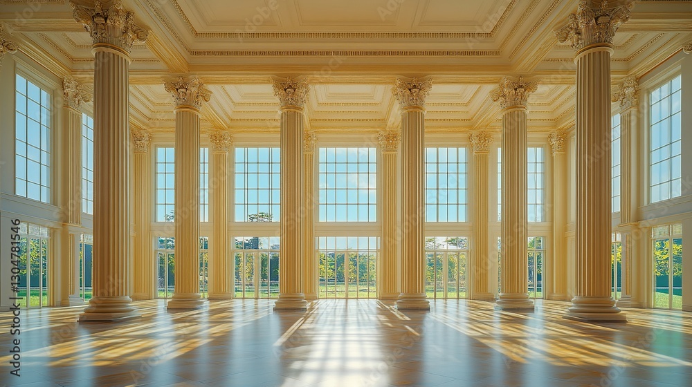 Fototapeta premium A grand, light-filled hall with classical columns and large windows, creating an airy and elegant architectural space.