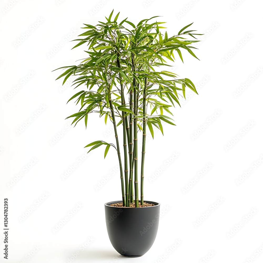 Fototapeta premium Bamboo plant in a black pot: A vibrant, lush bamboo plant flourishes in an elegant black pot, its tall stalks and delicate leaves creating a sense of peace and natural beauty.