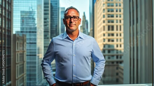 Wallpaper Mural Confident Business Leader: A portrait of a confident man in a blue shirt and glasses, standing with hands in pockets in an office with a city skyline view, radiating authority and experience. Torontodigital.ca