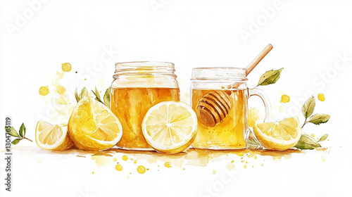 Herbal tea with lemon slices and honey jar