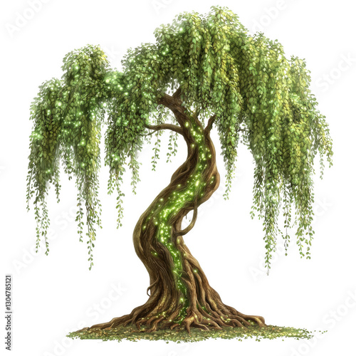 Enchanted Willow: A majestic willow tree with glowing vines, its weeping branches cascading gracefully, evokes a sense of magic and wonder.