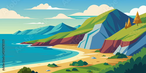 coastal bay landscape with lush hills and serene ocean waters
