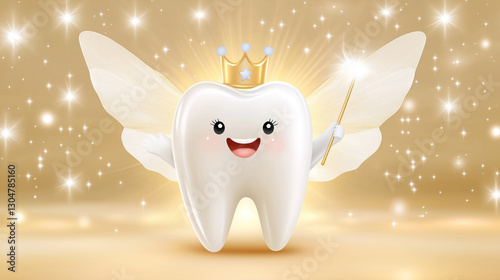 Cute 3D white tooth with crown, wings and magic wand on golden background with lights. Children's healthcare concept. Holiday greeting concept for pediatric dentistry, gifts, discounts