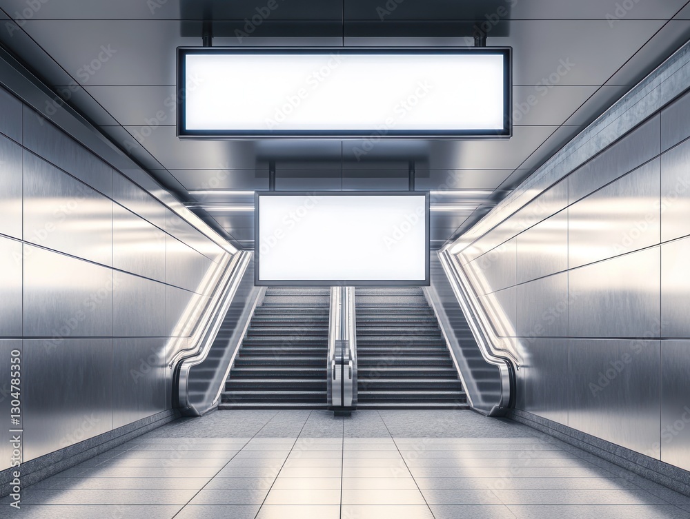Fototapeta premium Subway station escalator with blank ads