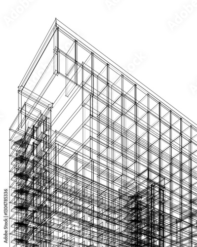 Abstract Architectural Wireframe Composition – Modern Skyscraper and Urban Cityscape Design