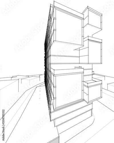 Abstract Architectural Wireframe Composition – Modern Skyscraper and Urban Cityscape Design