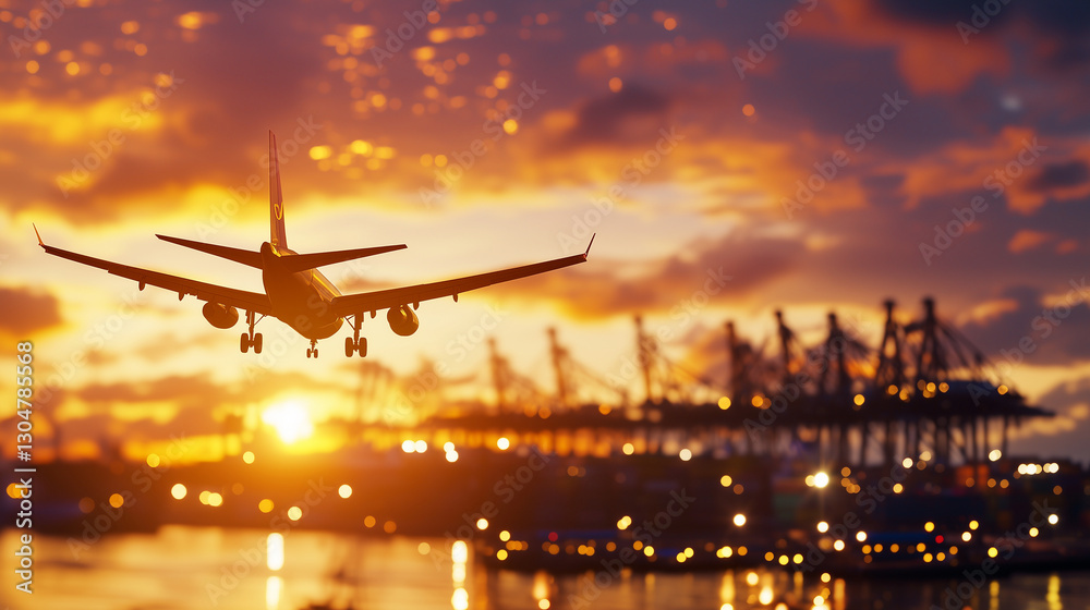 Cargo ships and planes in a vibrant shipyard at sunrise Cargo ships and planes in a vibrant shipyard at sunrise