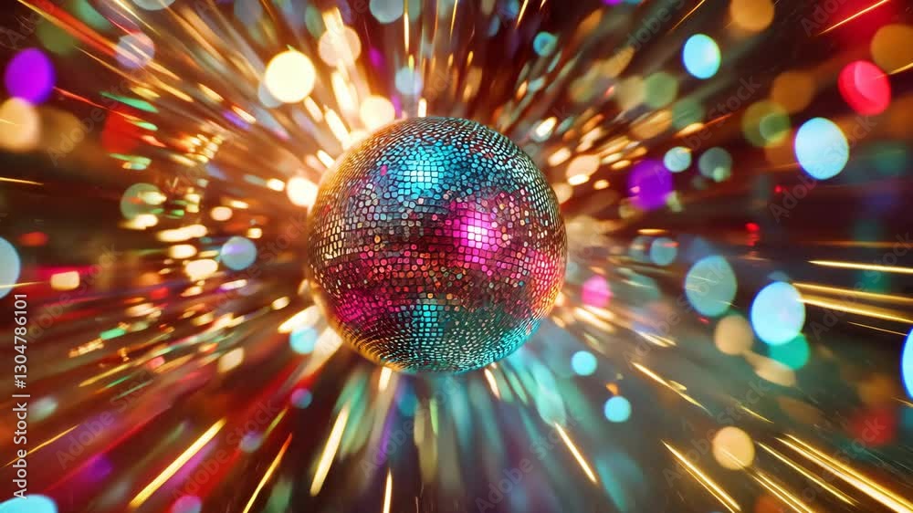 Shiny disco ball with colorful lights and motion blur creating a vibrant party atmosphere. High quality 4k footage