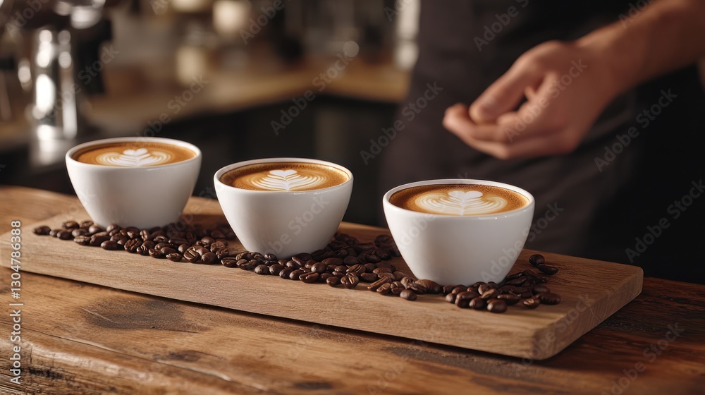 elegant presentation of three latte cups adorned with latte art and scattered coffee beans on a rustic wooden board ready to be served elegant presentation of three latte cups adorned with latte art and scattered coffee beans on a rustic wooden board ready to be served
