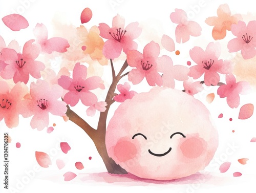 A cute cartoon character is sitting under a tree with pink flowers