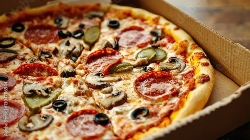 Freshly baked pizza with pepperoni, mushrooms, and olives in a cardboard box sitting on a wooden table