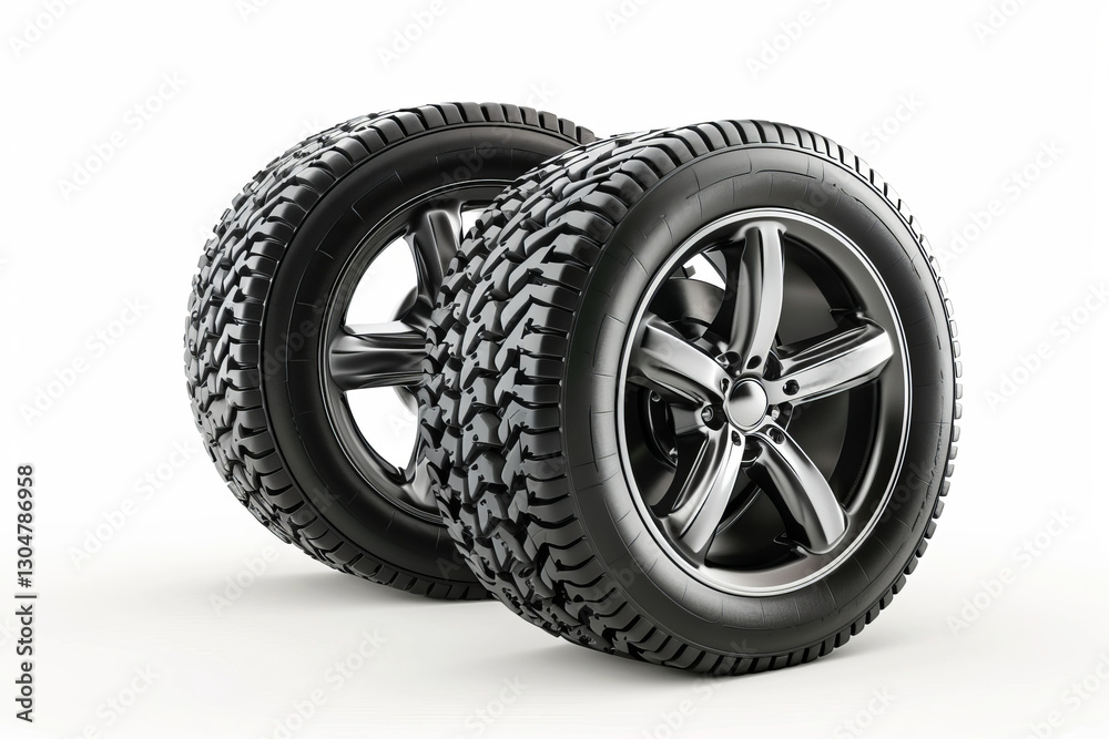 Obraz premium Two new car tires with silver rims.