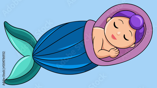 A Sleepy Baby Mermaid Wrapped in a Seashell Blanket art cute
