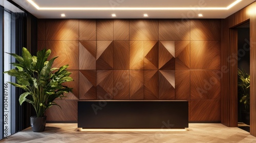 Modern Lobby Reception Desk, Wood Accents, Interior Design, Business photo