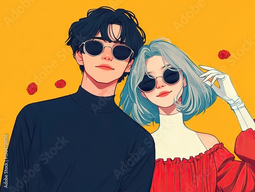 Stylish anime couple posing urban setting digital illustration vibrant colors close-up fashion statement