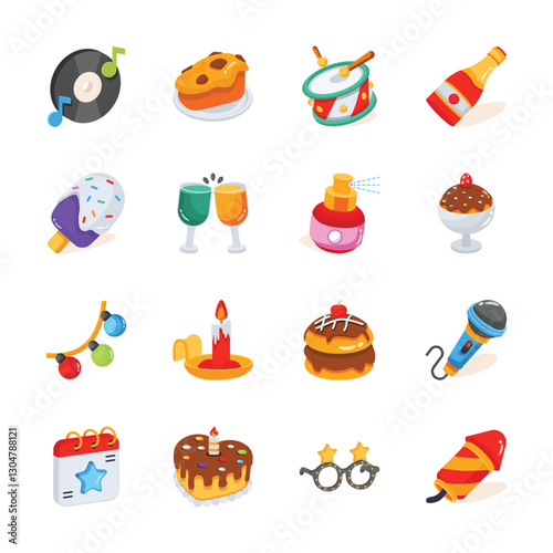 Creatively designed 3d style pack of birthday party icons
