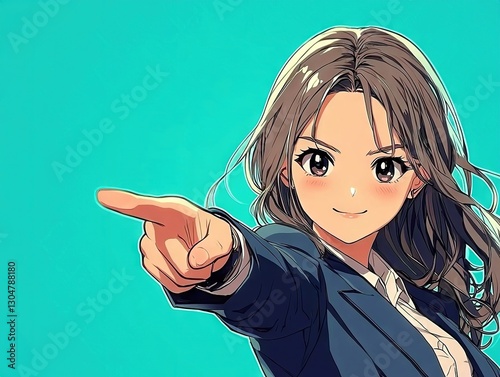 Dynamic stylish anime character pointing in business attire bright background illustrative art style