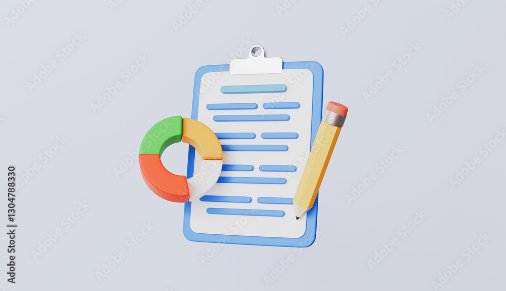 Clipboard with pie chart and pen, representing data analysis and reporting Clipboard with pie chart and pen, representing data analysis and reporting