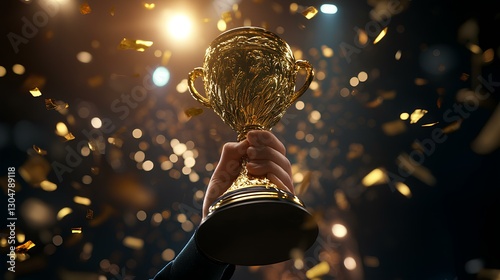 hand  holding  up an award cup, coins falling from the sky, realistic stock photo, simple background, solid color background