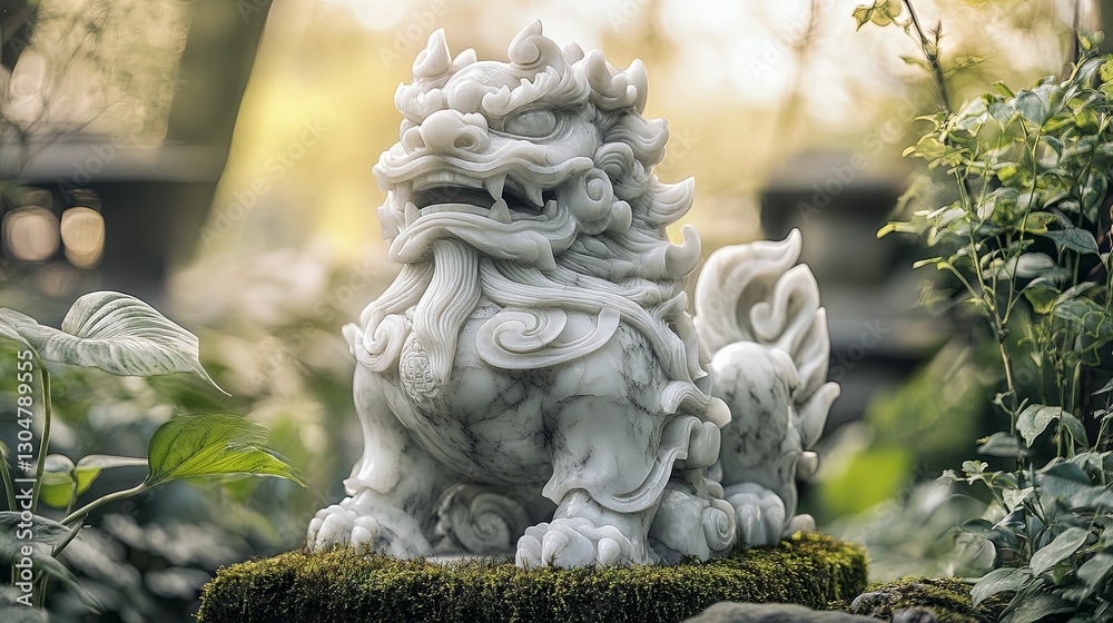 Serene Marble Lion Statue Amidst Lush Greenery Serene Marble Lion Statue Amidst Lush Greenery