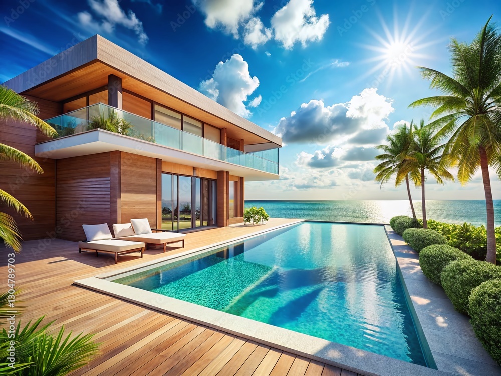 Fototapeta premium Tropical Beachfront Villa: Sandy Shore, Turquoise Sea, Luxury Getaway