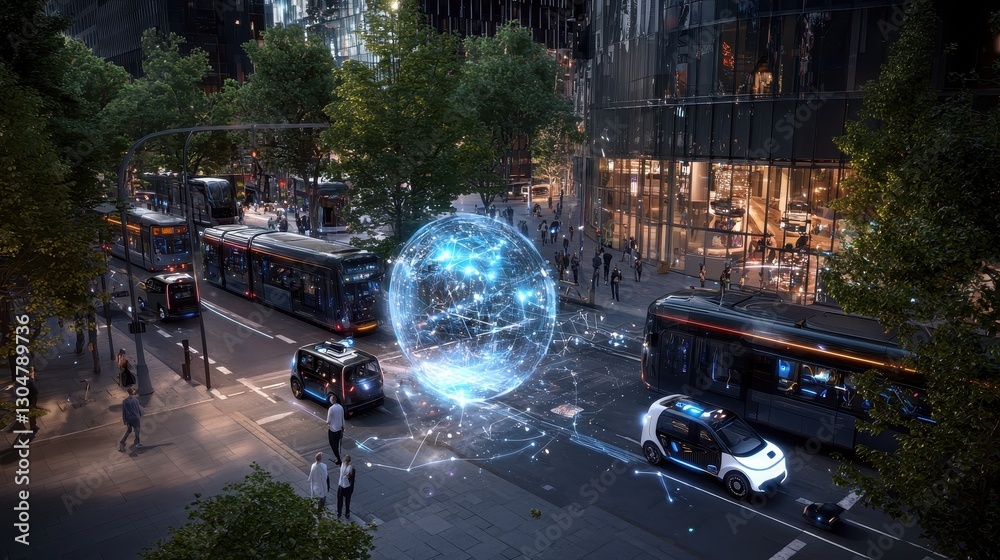 Fototapeta premium Electric Public Transportation Intersection in a Modern City Environment with Digital Elements