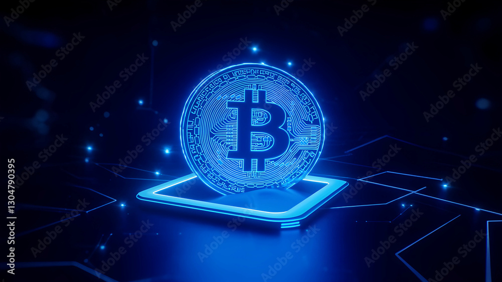 3D Bitcoin coin, blockchain network in neon blue, futuristic stock market dashboard, animated payment gateway. 3D Bitcoin coin, blockchain network in neon blue, futuristic stock market dashboard, animated payment gateway.