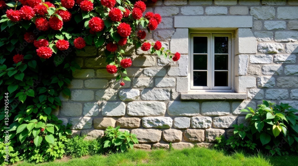 Naklejka premium Sunlight Illuminates a Stone Wall Adorned with Vibrant Red Flowers and a Charming Window