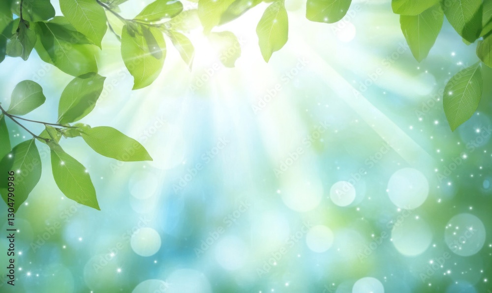 Naklejka premium Sunlit green leaves, bokeh background, spring nature scene, website banner