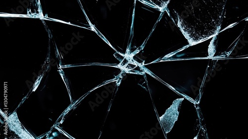 cracked glass object on black background, smashed glass texture, shards of broken glass on black wallpaper photo