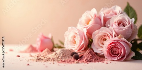 Wallpaper Mural Delicate pink roses and makeup powder brushes arranged aesthetically on a soft surface Torontodigital.ca
