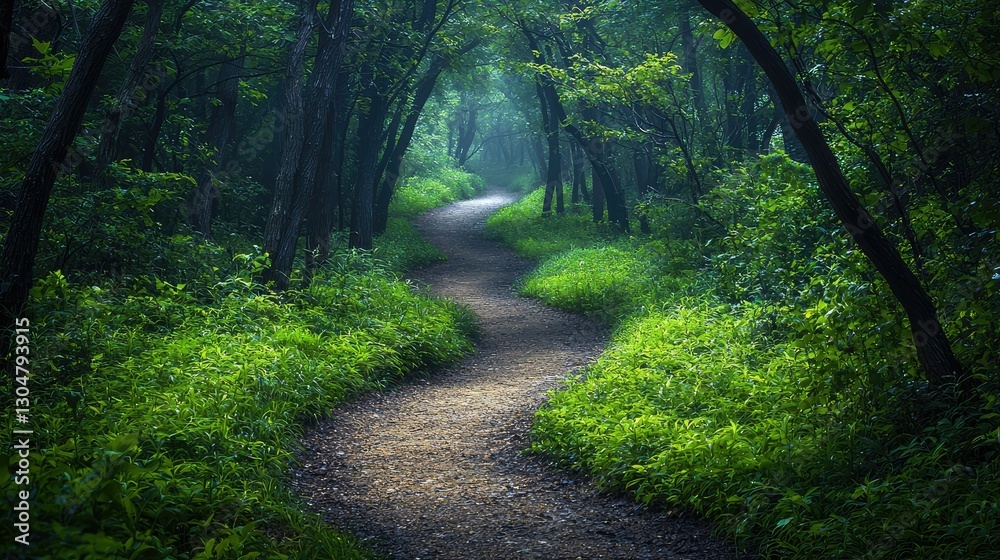 A winding path through a lush green forest environment A winding path through a lush green forest environment
