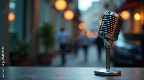 Retro microphone on a table, bokeh city background, evening ambiance, urban setting, subtle lighting