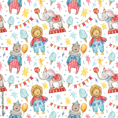 Seamless pattern with hand-drawn watercolor Circus illustrations. Bear, lion, heart, confetti, stars. Texture for wrapping paper, fabric, decor. White background.
