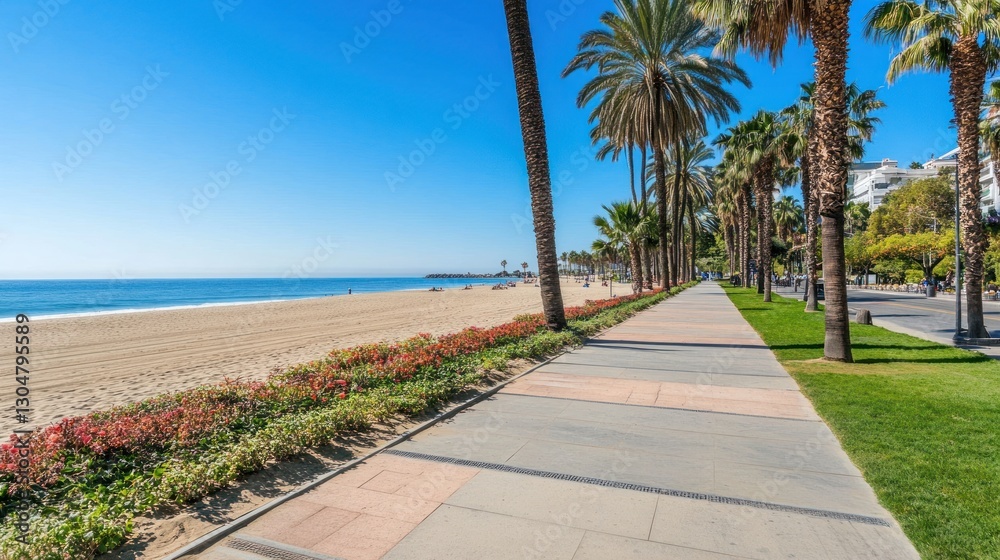 Sunny beach boardwalk, palm trees, ocean view, tourism Sunny beach boardwalk, palm trees, ocean view, tourism